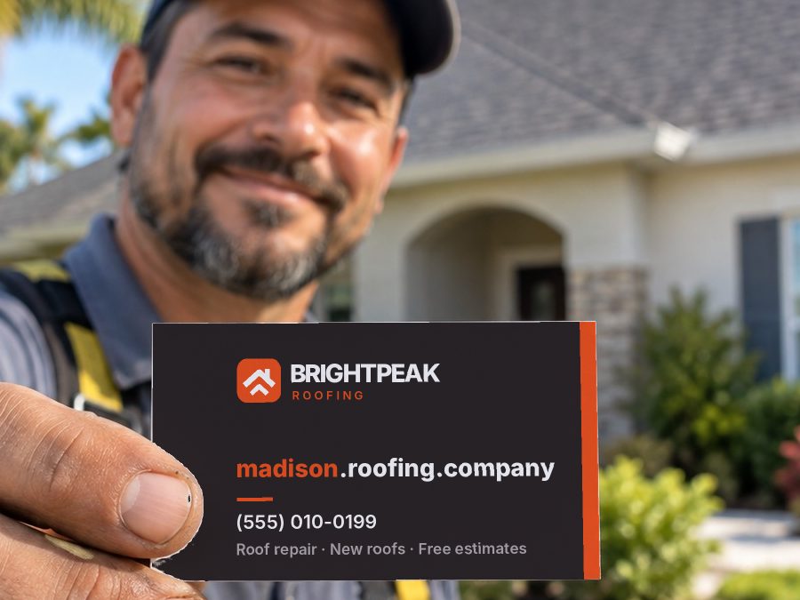 madison.roofing.company on a roofer's business card