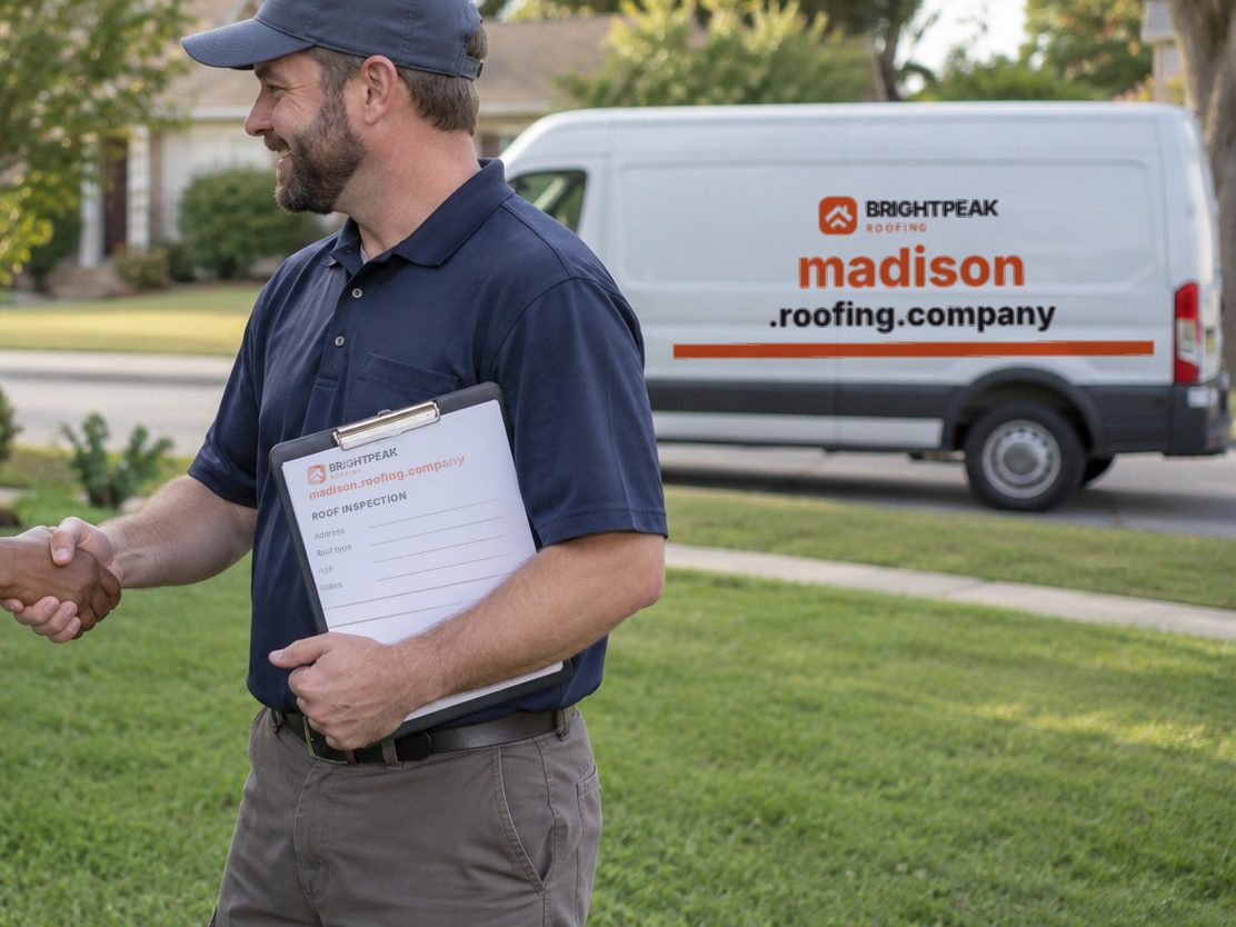 madison.roofing.company on a roofing van and an inspection form